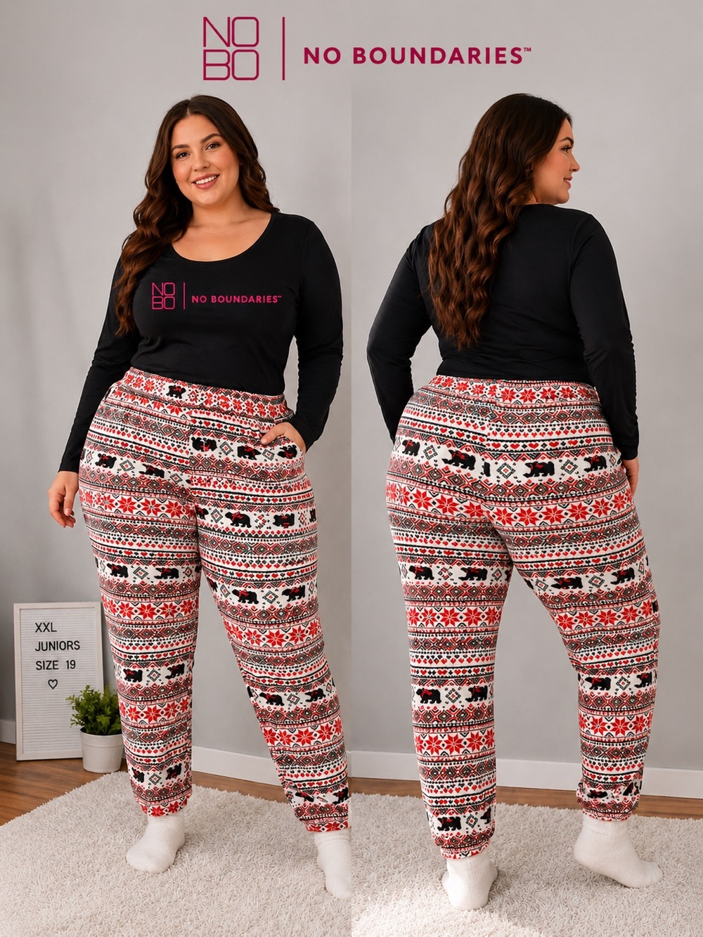 No Boundaries Cozy Fair Isle Bear Plush Leggings Pajama Pants XXL Juniors 19